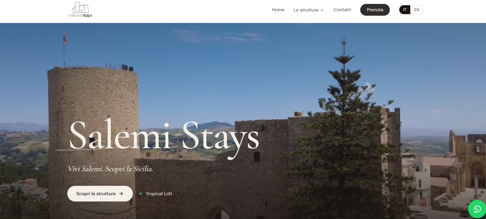 Homepage del sito Salemi Stays, con vista panoramica di Salemi